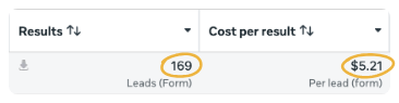Meta Ads Manager row: 169 results at $5.21 cost per result